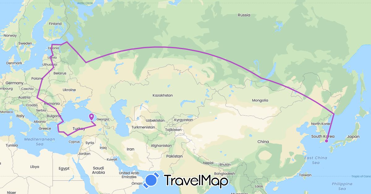 TravelMap itinerary: driving, train in Estonia, Hungary, South Korea, Lithuania, Latvia, Poland, Romania, Russia, Turkey (Asia, Europe)